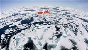 The Canadian Coast Guard icebreaker Louis S. St-Laurent makes its way through the ice in Baffin Bay in July 2008. 