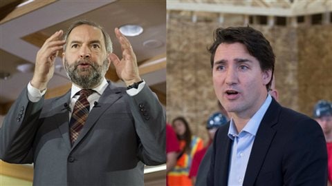Thomas Mulcair, à Toronto, et Justin Trudeau, à Woodbrige, en Ontario, le 8 octobre. 