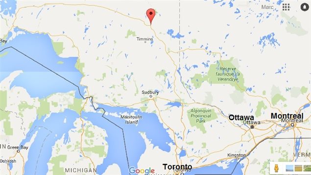 Red pointer indicates Cochrane Ontario, about 100 km north of Timmins.