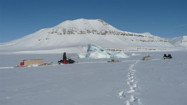 Electromagnetic imaging equipment is also towed by snowmobile to measure ice thickness. The study of conditions in the NWP is the first of its kind.