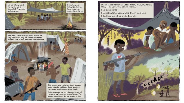 Una de las ilustraciones de Claudia Dávila del libro "Child Soldier : When boys and girls are used for war"