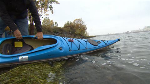 Un kayakiste prend les eaux du fleuve Saint-Laurent, à Montréal.