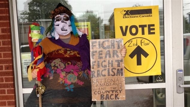 A voter in Newfoundland dressed up in traditional Newfoundland 