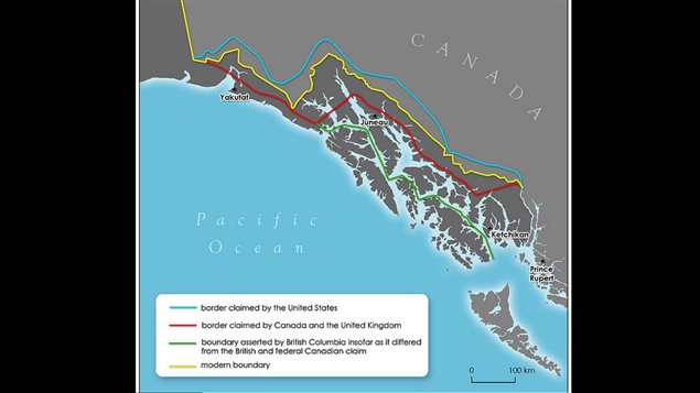 Varying claims in Southeast Alaska before arbitration in 1903. In blue is the border claimed by the United States, in red is the border claimed by Canada and the United Kingdom. Green is the boundary asserted by British Columbia insofar as it differed from the British and federal Canadian claim. Yellow indicates the modern border.