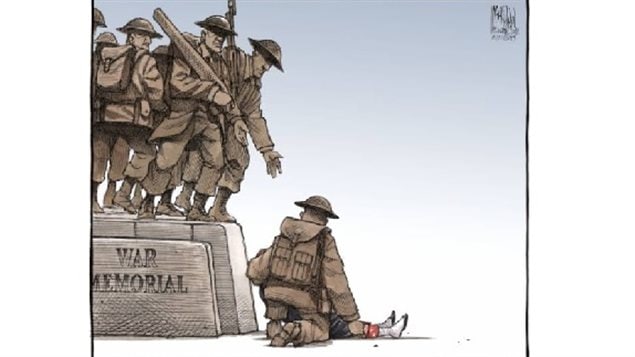One of the most moving political cartoons in memory is that of Halifax Chronicle Herald artist Bruce MacKinnon showing the bronze soldiers of the National War Memorial reaching down to help the fallen Cpl Cirillo. murdered at the foot of the cenotaph.