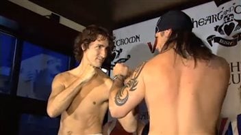 Liberal Leader Justin Trudeau (left) posed with Senator Patrick Brazeau just befor their charity boxing match in March 2012.