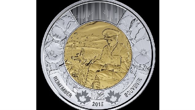 The newly minted commemorate $2 coin showing Lt Col McCrae sitting and writing the poem with poppies blooming beside him and larks in the sky above