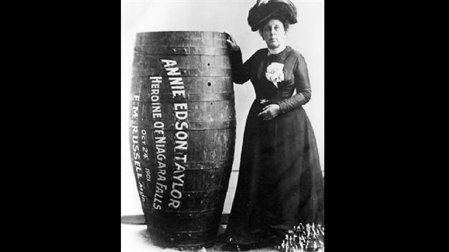 The first person and first woman to go over the Falls in a barrel and survive. This is likely the original barrel, which clearly shows the manager's name, the same who later absconded with the barrel.