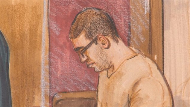 Reza Moazami was convicted on 30 charges linked to the prostitution of teenaged girls, in Sept. 2014  In an artist's sketch, we see a brown-haired man wearing dark glasses and looking toward the ground. He has a light beard and wears a beige v-necked shirt. He sits in a witness stand.