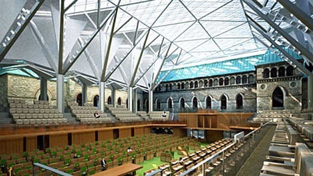 Illustration of the $42 millioni temporary chamber for the House of Commons with a glass roof over the courtyard of the West Block. MP