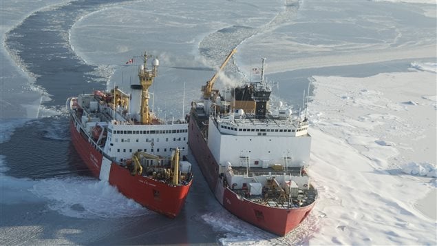 The Canadian Guard Ship Louis S. St-Laurent maneuvers into position to moor up with the U.S. Coast Guard Cutter Healy during a cooperative science mission to the Arctic Ocean between the U.S. and Canada, Sept. 25, 2008. 