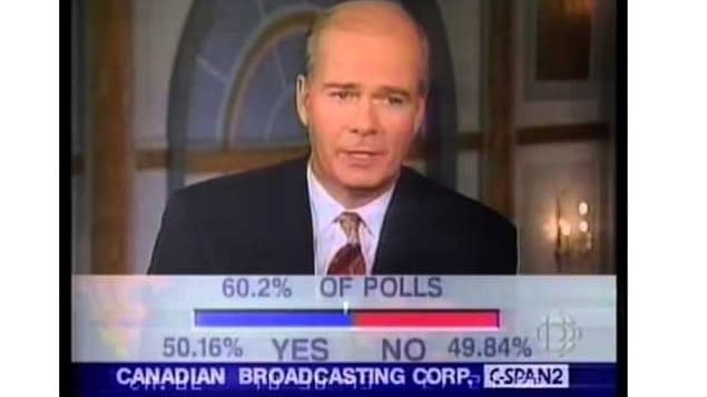 A rather worried looking CBC national news anchor Peter Mansbridge during coverage of the referendum vote showing the extremely narrow margin for and against separations which went back and forth during counting.
