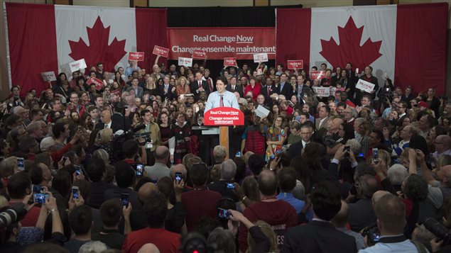  Prime minister designate Justin Trudeau speaks to suppoters at a welcome rally in Ottawa, Tuesday, Oct.20, 2015.