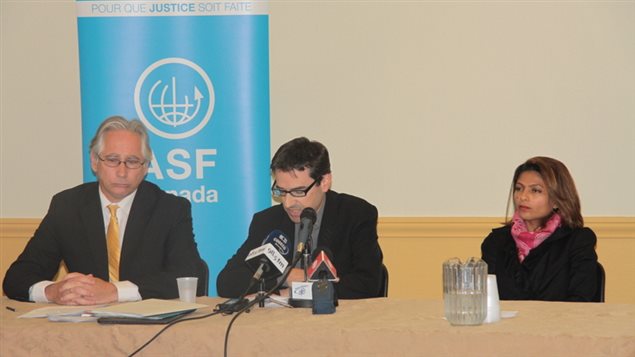  Pascal Paradis (centre), executive director of Lawyers Without Borders Canada, speaks at a press conference in Montreal Nov. 3, 2015. Sitting next to him is Ensaf Haidar, the wife of jailed Saudi blogger Raif Badawi, and Marc Sauvé of Quebec Bar Association. 