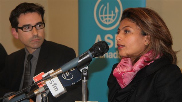  Ensaf Haidar, the wife of jailed Saudi blogger Raif Badawi, speaks at a presse conference with the executive director of Lawyers Without Borders Pascal Paradis in Montreal on Nov. 3, 2015 