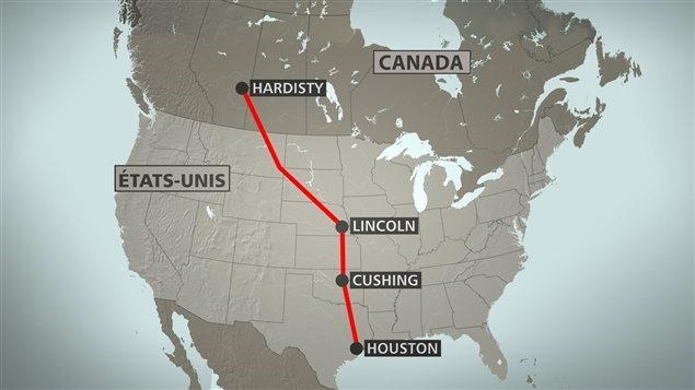 Le trajet proposé dans le projet Keystone XL, qui veut acheminer du pétrole des sables bitumineux de l'Alberta jusqu'au Texas. 