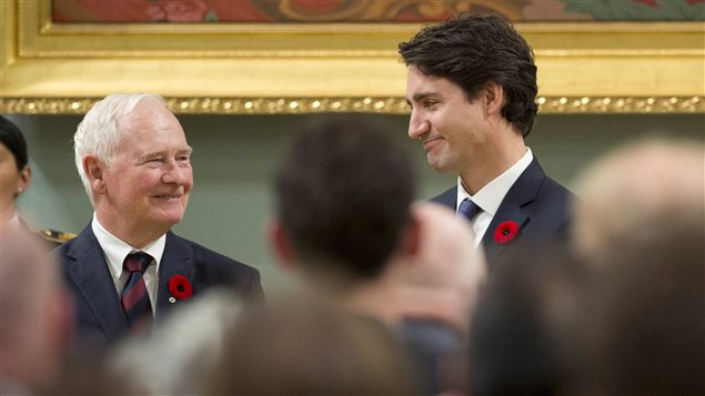  Prime Minister Justin Trudeau stands with Governor General David Johnston after being sworn in as Prime Minister at Rideau Hall in Ottawa on Wednesday, Nov. 4, 2015. 