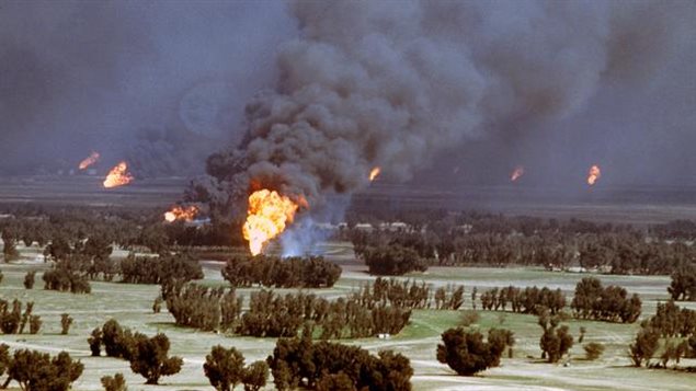 Hundreds of oil wells and burning lakes and trenches of oil were ignited by retreating Iraqi forces, blackening the skies as millions of berrels of oil and trillionof metres of gas were burned every day.