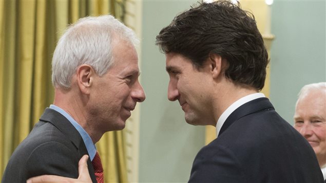  Newly sworn in Minister of Foreign Affairs Stephane Dion is congratulated by Prime Minister Justin Trudeau during a ceremony at Rideau Hall, in Ottawa, on Wednesday, Nov. 4, 2015.