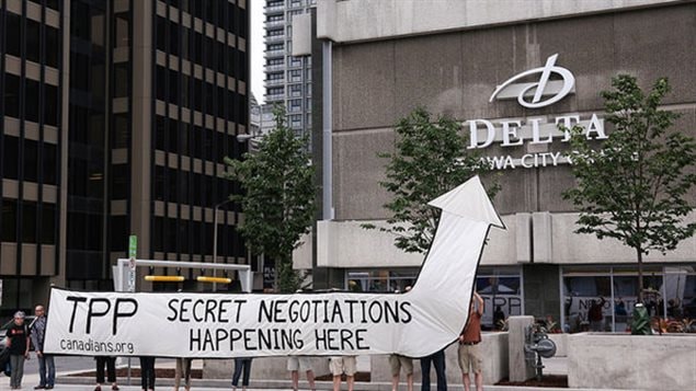 The Council of Canadians outside the Delta Ottawa City Centre to draw attention to the secretive Trans-Pacific Partnership talks taking place insidein July 2014 