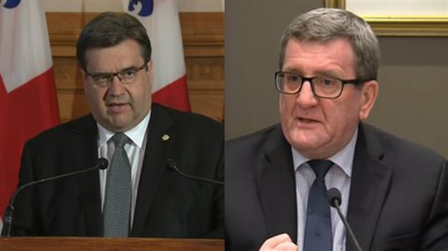Los alcaldes Coderre y Labeaume en conferencia de prensa sobre los refudiados sirios. 