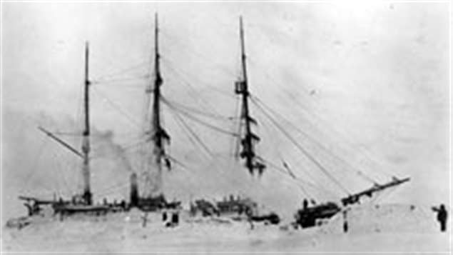 Whaling ship overwintering at Herchel Island. Most whalers would live aboard ship in the winter, though some cabins were built on the island. As additional insulation against the cold, snow would be piled up against the sides of the ships.