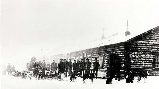 NWMP Patrol Leaving Dawson, Yukon, with Mail for Herschel Island in the Arctic, December 29, 1908. The first mail patrol to Herschel began in 1904