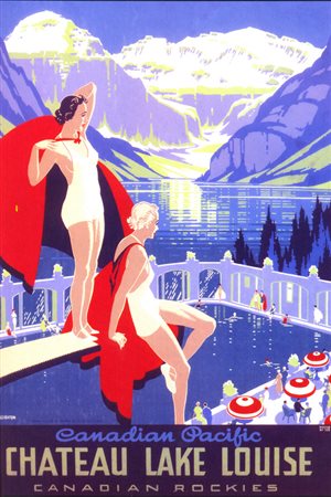 Another of the CP luxury destination resorts, a slightly different time period in the poster art. Chateau Lake Louise is acttally also in the Alberta Rockies, and only about 60 km or so from Banff.