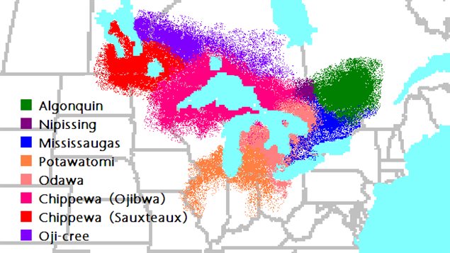 Mapa de algunas de las lenguas indígenas que aún se hablan en el este de Canadá 
