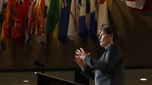  International Development Minister Marie-Claude Bibeau holds a news conference to announce $100 million in humanitarian funding to the United Nations High Commissioner for Refugess to help respond to needs in shelter, protection and health for refugees affected by the Syrian crisis, in Ottawa on Thursday, Nov. 26, 2015. THE CANADIAN PRESS/Fred Chartrand