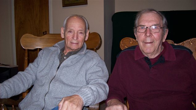 Tom Jeffrey (left), Jim Hobbs (right) .Tom was one of Jim's shift bosses at a Rio Algom mine in Elllot Lake/. Both had to breathe in the aluminium powder supposed to protect them from silicosis. It didn't. Mr Jeffrey has silicosis, while Mr Hobbs has Parkinson's.