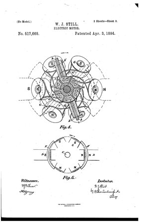 Schematic from the patent application 4:, is an enlarged diagrammatic view showing the commutator and brushes in section and the general arrangement and connection of the wires from the armatures to the commutator. Fig. 5, is a diagrammatic view showing by dotted lines the circle described by the armatures in reference to the ends of the magnets.