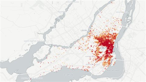 Carte de l’hébergement d’Airbnb à Montréal au début décembre 2015.