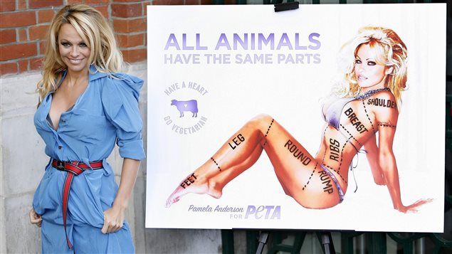  Canadian born actress Pamela Anderson poses for photographers during a photocall to unveil a new advertisement in aid of People for the Ethical Treatment of Animals (PETA) in London, Sunday, Oct. 24, 2010, to encourage people to become vegetarian. 