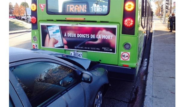 *You can’t make this stuff up*. An ironic reality, texting and hitting a bus with an advert warning of dnagers of texting and driving. 