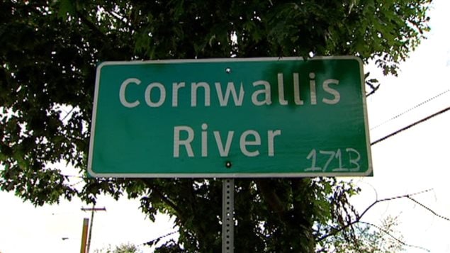 The signs for the Cornwallis River which passed through a Mi’kmaq community, have been removed. Someone has added the date 1713 That was when the French had to hand the terriroty over to the English due to the Treaty of Utrecht. The English did not trust the Mi’kmaq because of their close relationship with the French.