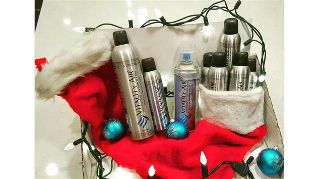 The company sells a variety of sizes of Rocky Mountain air. The one in the centre has its own face mask and is good for 150 inhalations, but it’s not cheap at C$32