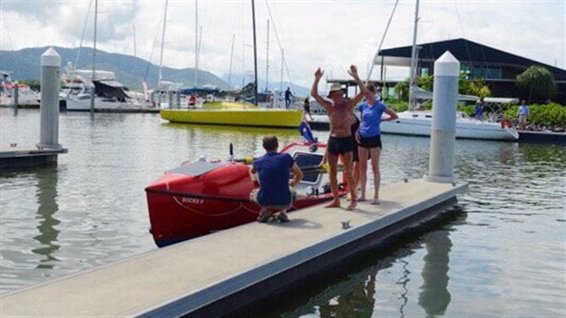  John Beeden welcomes family and supporters after completing his 7,400-nautical mile journey across the Pacific Ocean in Cairns, Australia. Dec. 27, 2015. 