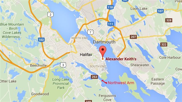 Halifax and harbour showing current location of the Alexander Keith’s brewery and the Northwest arm where the 120 year-old beer was found