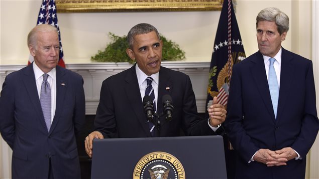   In this Nov. 6, 2015 file photo, President Barack Obama, accompanied by Vice President Joe Biden and Secretary of State John Kerry, announces he’s rejecting the Keystone XL pipeline 
