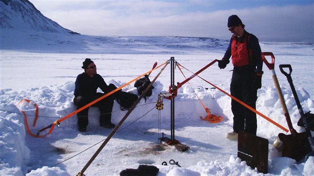 Alexander Wolfe and colleagues extract a sediment core from a lake on western Spitsbergen in the Svalbard archipelago of arctic Norway.