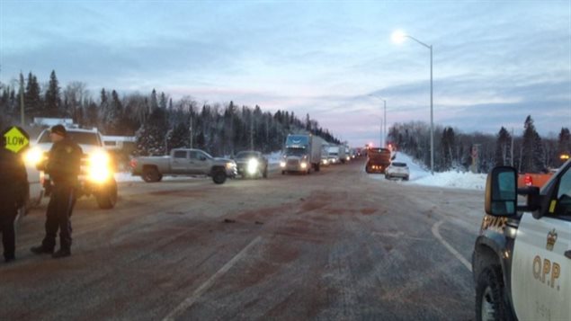 Early this morning police were allowing vehicles to cross but alternating east and westbound traffic on a single lane, continuing the huge backups which began on Sunday.