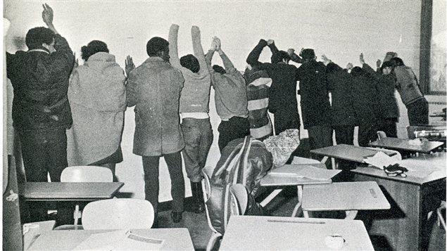  A still image from Ninth Floor, a documentary film about the 1969 Sir George Williams University (now Concordia University) Riot. 