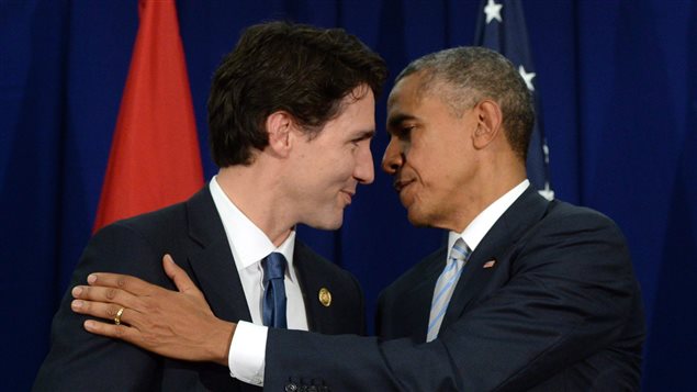  Canadian Prime Minister Justin Trudeau, left, takes part in a bilateral meeting with U.S. President Barack Obama at the APEC Summit in Manila, Philippines on Thursday, November 19, 2015.