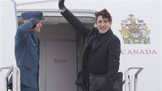 Justin Trudeau alors qu'il se trouvait en route pour Davos.