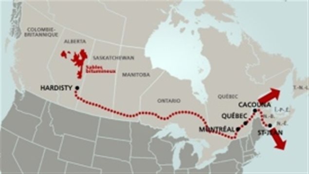 The Energy East pipeline involves reversing flow of a current line and adding new sections to enable Alberta crude to be shipped to eastern ports for export. Part of the existing line runs throught the cities of Laval and Montreal in Quebec with additional sections to be added there as well. Both mayors are against the line as are many environmental groups. Another contnetious pipeline, the Kinder-Morgan *Trans Mountain* line would send crude from Alberta to ports on the west coast, 