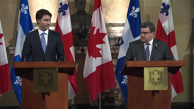 Le premier ministre Justin Trudeau et le maire de Montréal, Denis Coderre Crédit photo : Charles Contant