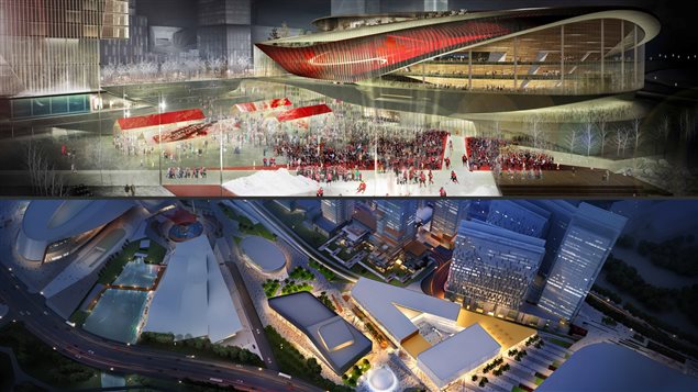 En haut, le projet présenté par RendezVous LeBreton. Sur l'image du bas, une maquette aérienne du projet présenté par DCDLS. En haut, le projet présenté par RendezVous LeBreton. Sur l'image du bas, une maquette aérienne du projet présenté par DCDLS.