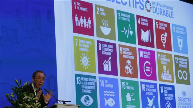  United Nations Secretary-General Ban Ki-Moon addresses the Annual Conference of Swiss Developement Cooperation in Zurich, Switzerland January 22, 2016. On the screen behind are displayed the 17 goals of UN’s 2030 Agenda for Sustainable Development.