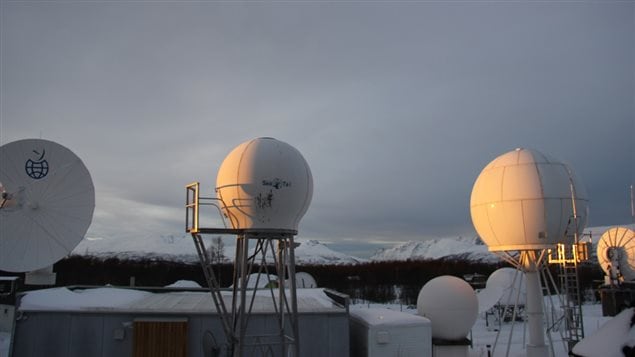 Randome-enclosed satellite dishes in Tromso,Norway. The protective covering is used in places like the Arctic and Antarctica to protect the antennas from the elements. Kongsberg Satellite Services is a commercial company based in the Arctic Norwegian city of Tromso that specializes in supporting polar orbiting satellites. 